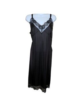 Vintage Black Lace Trim Nylon Slip Dress Womens 24 Made in USA Adjustable Straps